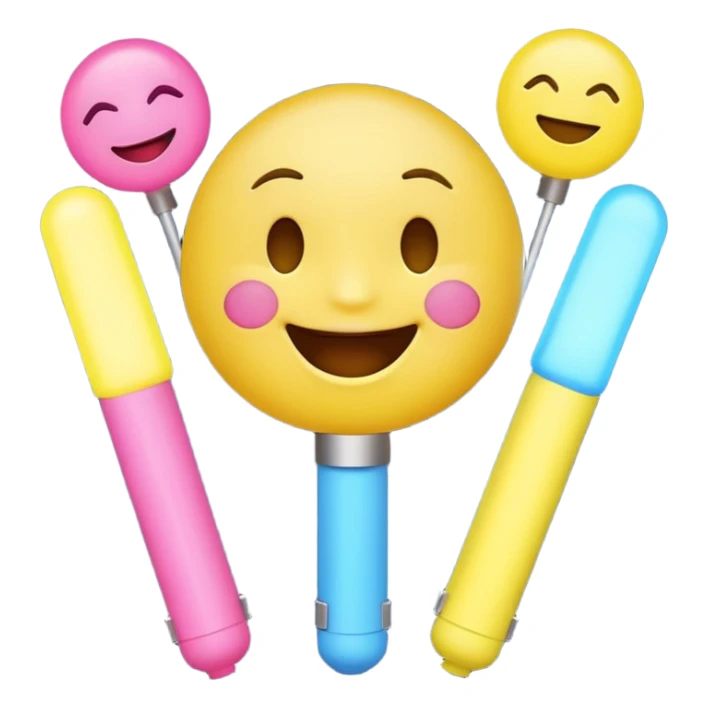 An excited yellow emoji face with closed smiling eyes and blushing cheeks, cheering enthusiastically while holding up two glow sticks (one blue, one pink). It represents high energy, fandom, and celebration. sticker