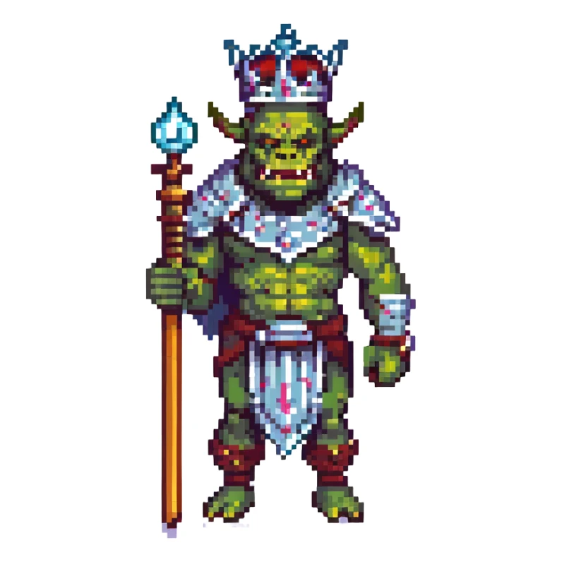 pixel art crowned orc, holding a scepter, ornate crown, fierce expression, retro game look sticker