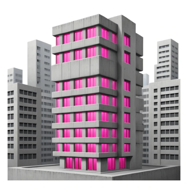Tall gray brutalist concrete tower with one bright pink window among many regular gray windows sticker