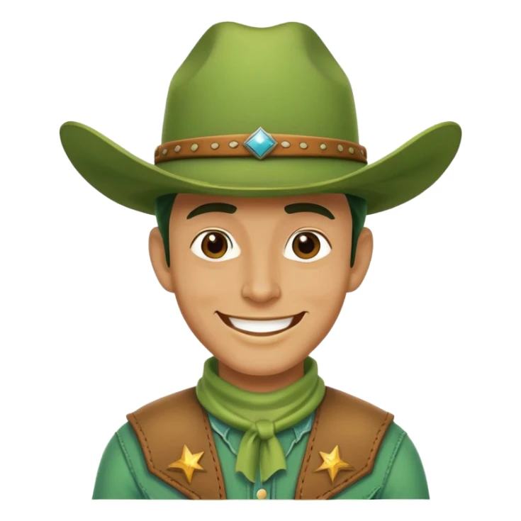A green cowboy, smiling face with a cowboy hat and green skin sticker