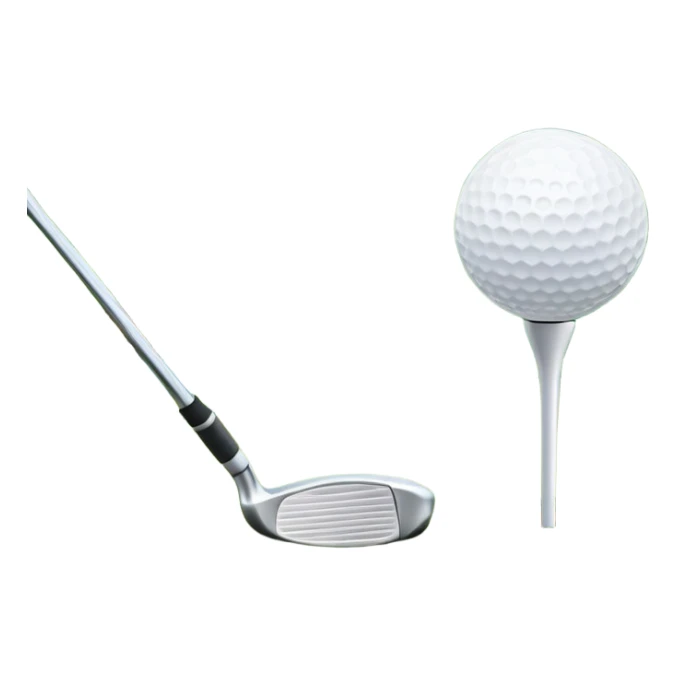 A golf ball on a tee with a golf club placed beside it, set against the backdrop of a well-manicured green golf course. The scene emphasizes the equipment and serene atmosphere of the sport, with soft lighting and a peaceful, open landscape sticker