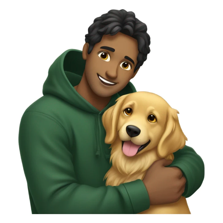 Light skin smiling indian guy with black middle part hairstyle wearing dark green hoodie hugging a golden retriever sticker