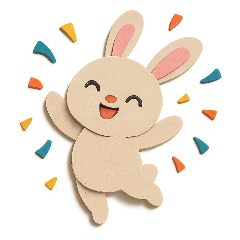 cotton bunny throwing confetti and spinning in paper-craft style sticker