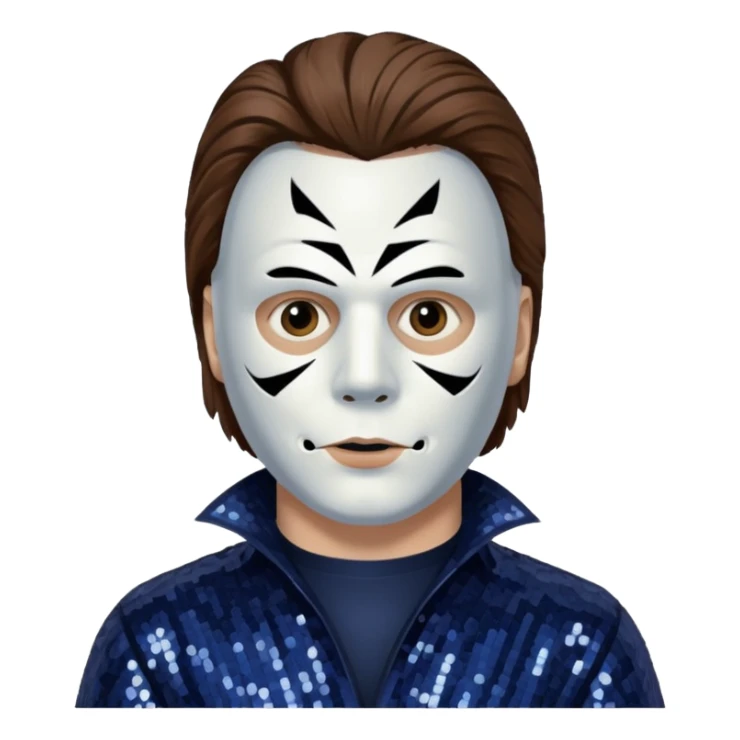 Michael Myers with white mask with brown hair, dark indigo sequin outfit  sticker