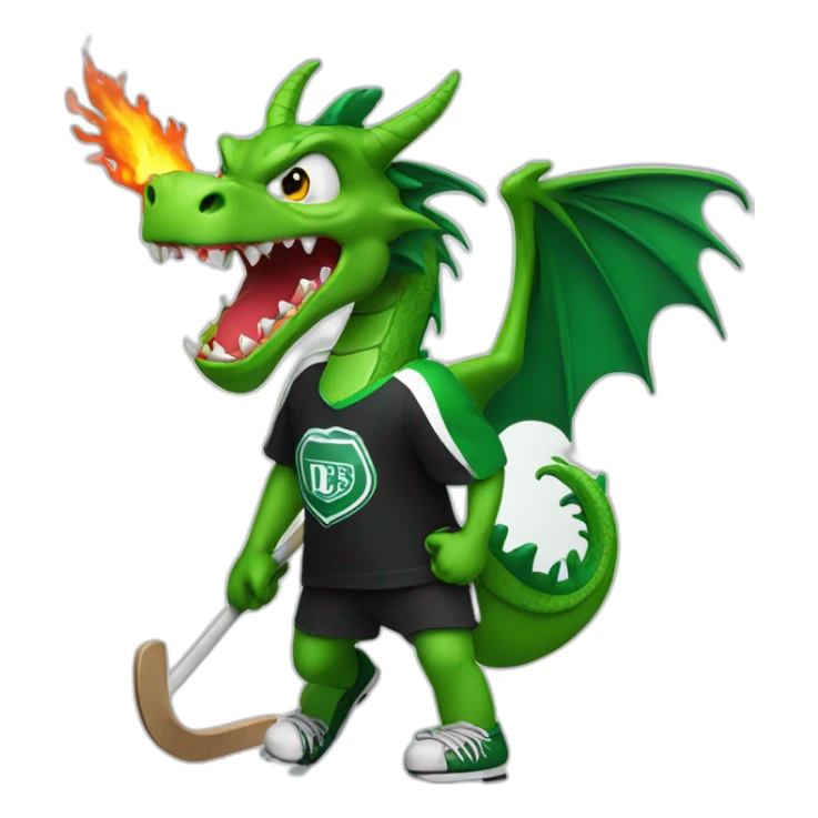 green dragon wearing a black t-shirt playing ice hockey and spitting fire sticker