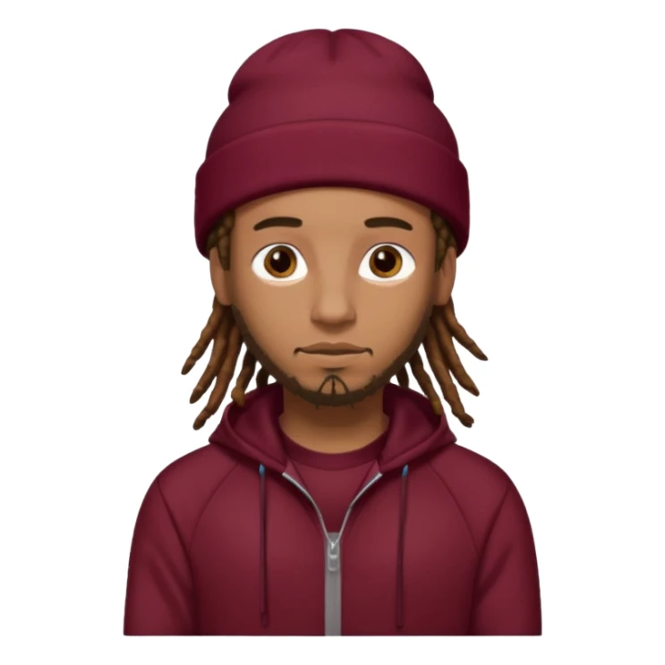 Animate a caramel skinned male with brown dreads and a tan beanie with a burgundy tracksuit on with no beard  sticker