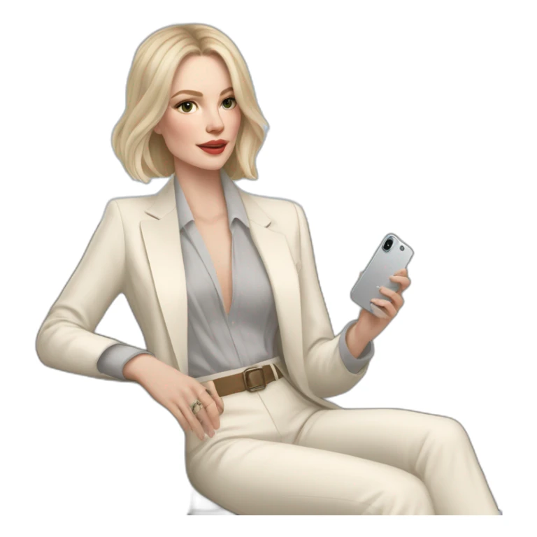 pale skin woman with ash blonde Straightened bob Hair, White Spacious classical jacket, beige palazzo Arrow pants and gray blouse holding white IPhone 15 pro in the hands sticker