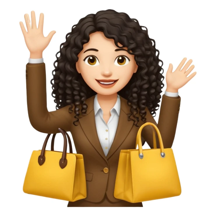 medium deep tan brown business woman with long black curly hair, waving hand with happy face with smile mouth and carrying yellow bag on her shoulder sticker