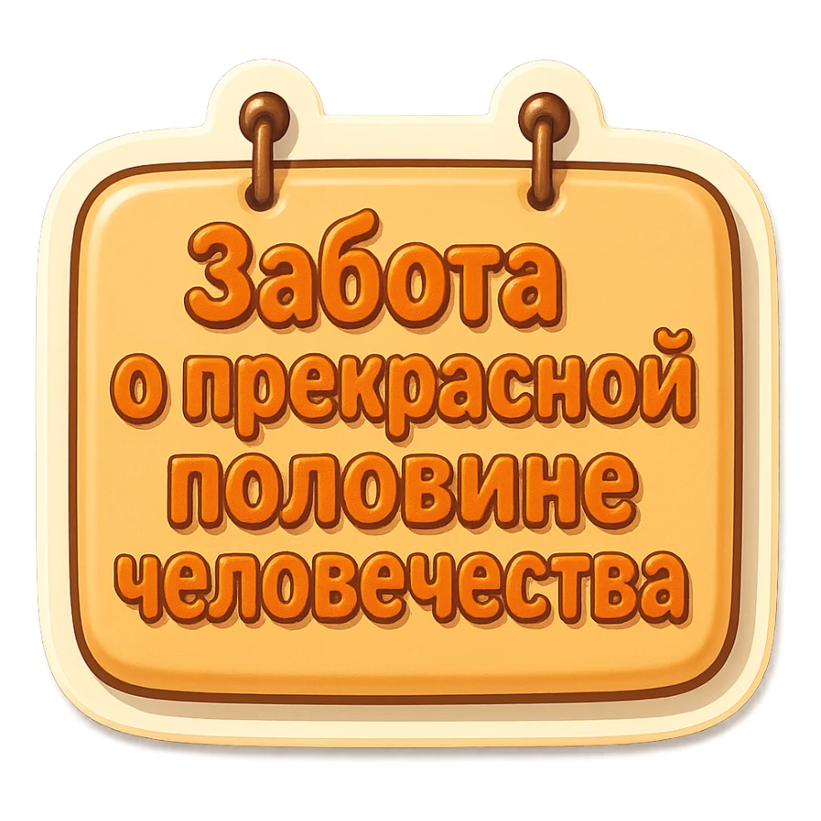 flat rectangular beige sign with rounded corners and light shadow, two nails at the top, retro sticker style, text 'Забота о прекрасной половине человечества' in three compact and readable lines sticker