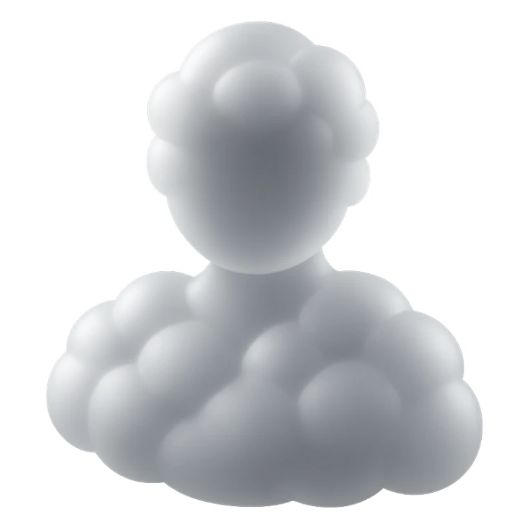 shoulder up, front view: person composed of white convex clouds, matte glass style sticker
