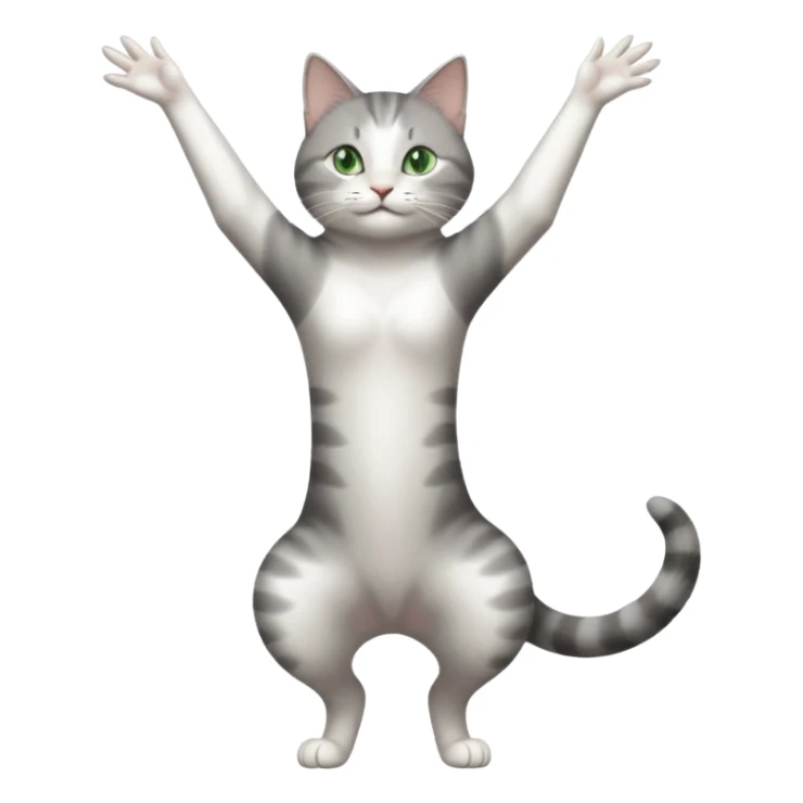grey and white cat with green eyes doing a big long stretch reaching up into the air with arms and legs side by side together sticker