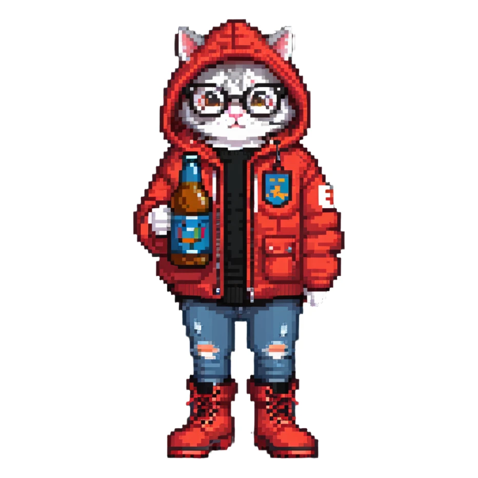 Catfish wearing red hooded winter jacket, round glasses, blue jeans, red boots, holding beer can with red label sticker