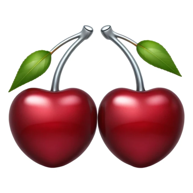 A pair of cherries emoji made of liquid silver chrome, smooth rounded shapes, glossy metallic surface, subtle sensual vibe, luxury sexy aesthetic, iOS emoji style, centered, clean white background sticker
