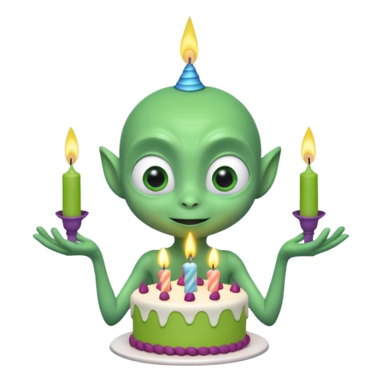 A cute friendly alien holding a birthday cake with candles, big expressive eyes, bright colors, cartoon style, playful atmosphere, 3D animated look, Pixar-inspired, highly detailed
 sticker