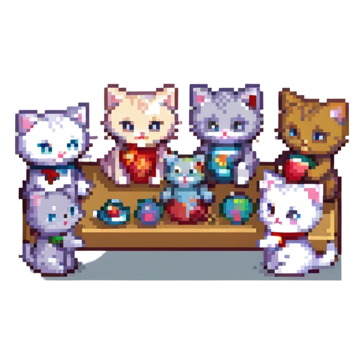 ten cute kittens playing with a doll, pixel art style sticker