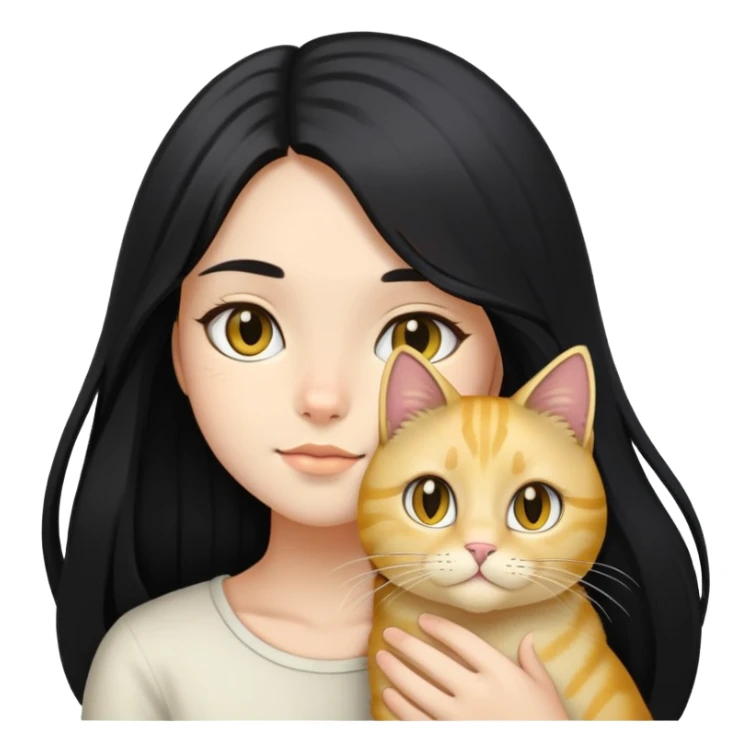 Girl black long hair with light gold cat sticker