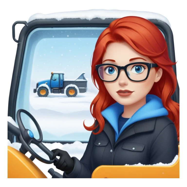 lady with red hair, blue eyes and glasses inside a big Snowplow sticker