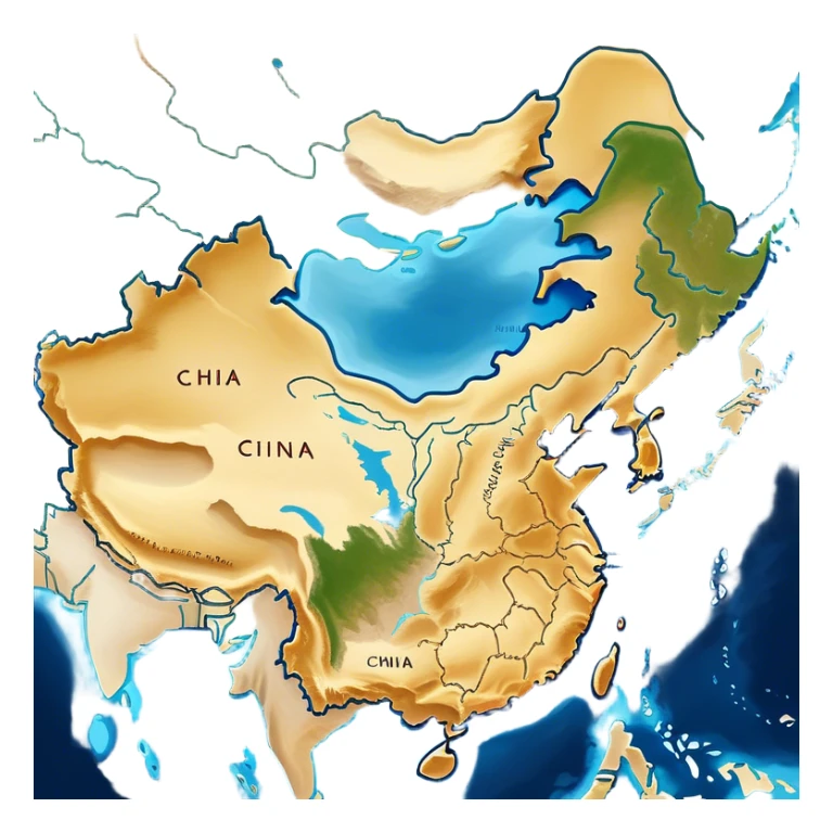Cinematic-realistic outline of china, featuring its distinct landmass with accurately defined coastlines. The deep blue ocean surrounds the golden-brown continent, with subtle topographic shading to highlight its terrain. A soft glowing effect enhances the edges, making the shape stand out against a neutral, textured background. sticker