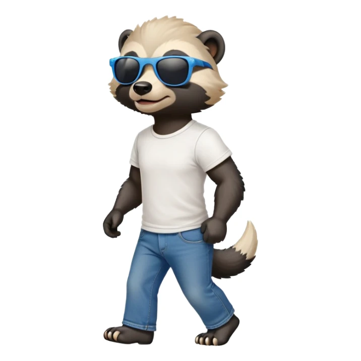 friendly anthropomorphised honey badger in jeans and a t-shirt, wearing sunglasses, walking upright, standard pose sticker