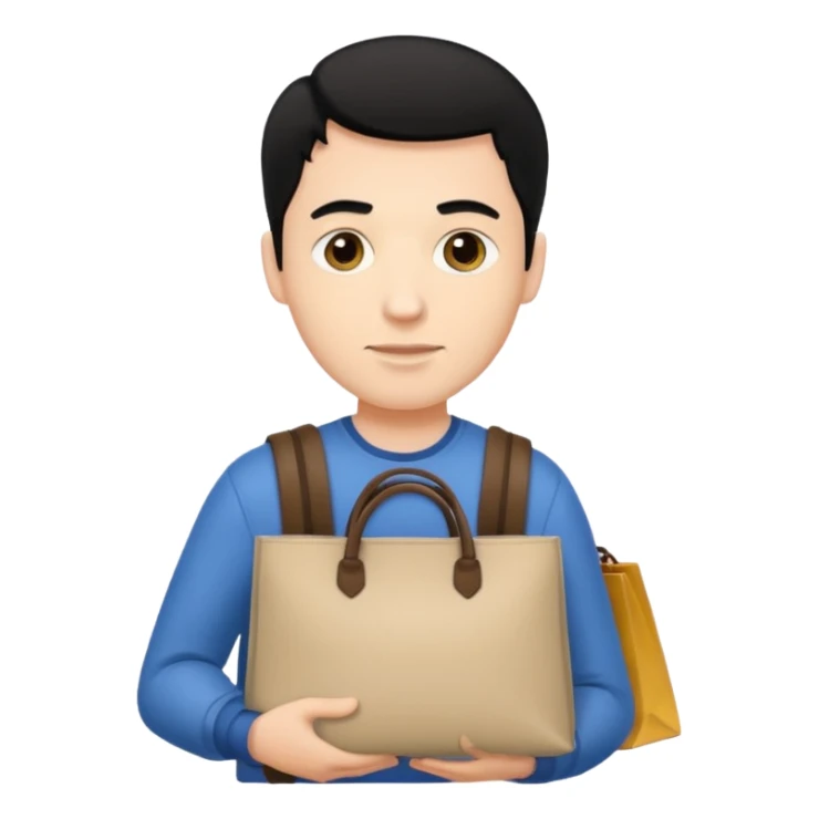 a white man with black hair carrying branded bags sticker