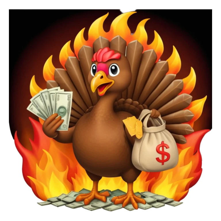 Can you create a turkey warming up a bag of money by a fire sticker