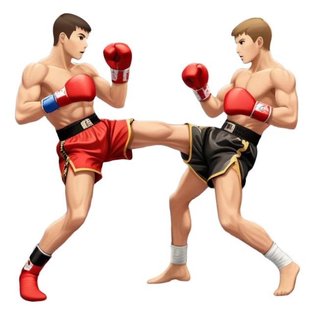 An icon showcasing a high-energy kickboxing match. Two fighters in action, one delivering a powerful roundhouse kick while the other defends with gloves raised. The background features a professional ring with bright lights and a cheering crowd. Transparent background. sticker