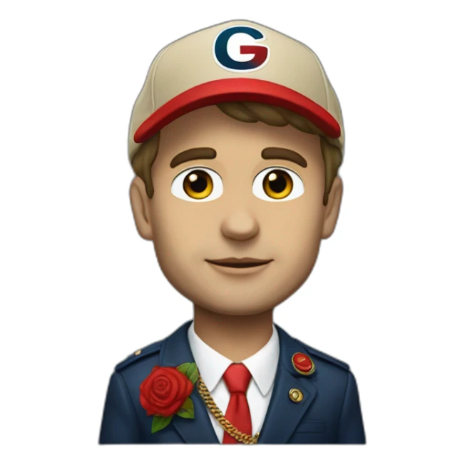 Emanuel macron avec une casquette gucci sticker