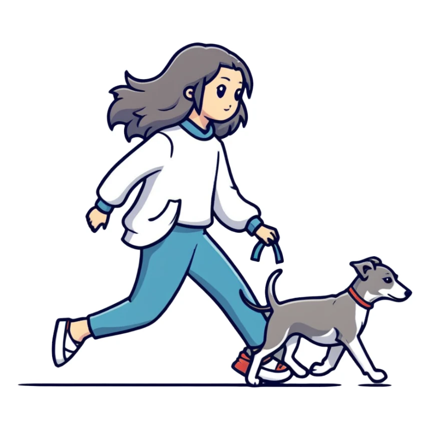 Japanese girl with flowing hair walking a grey greyhound sticker