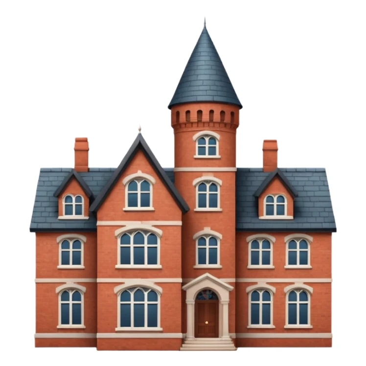 large English country house in red brick with a tower sticker