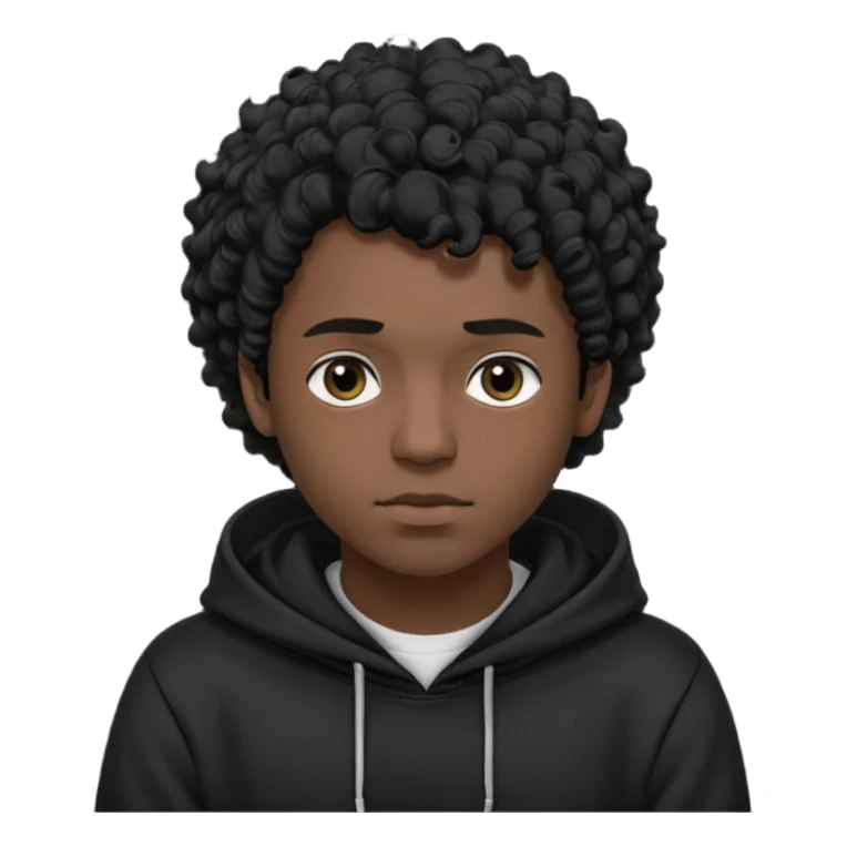 Emoji with guy with curly black hair and short quiff hairstyle, he is looking similar to music artist Central Cee, wear black t-shirt and black hoodie with hood pulled on his head. Looking straight at us, without deforming his face sticker
