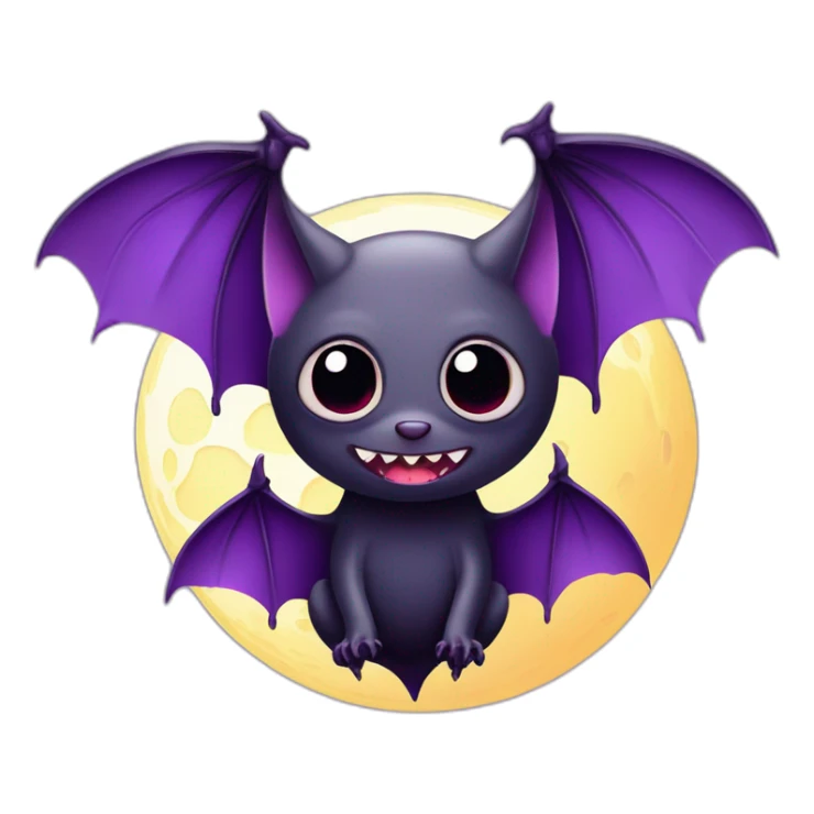 purple and black vampire bat large cute eyes with highlight glare wings flying in front of large dripping crescent moon sticker