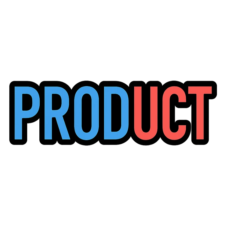 the word PRODUCT in bold blue and red elements, modern icon style sticker