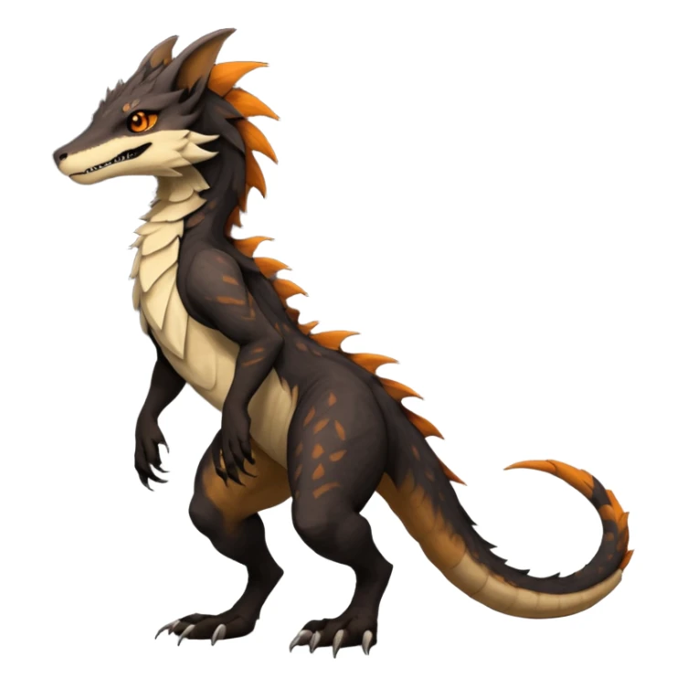 Brown and beige badass elegant wild beautiful natural cute badass epic exotic anthro modern furry 2-legged sergal-vernid-Salandit-creature, full body, dark-brown-black-gradient pretty hair, with a long tufted tail, beautiful hazel-orange eyes, aesthetic, art by LiLaiRa, art by art by Falvie sticker