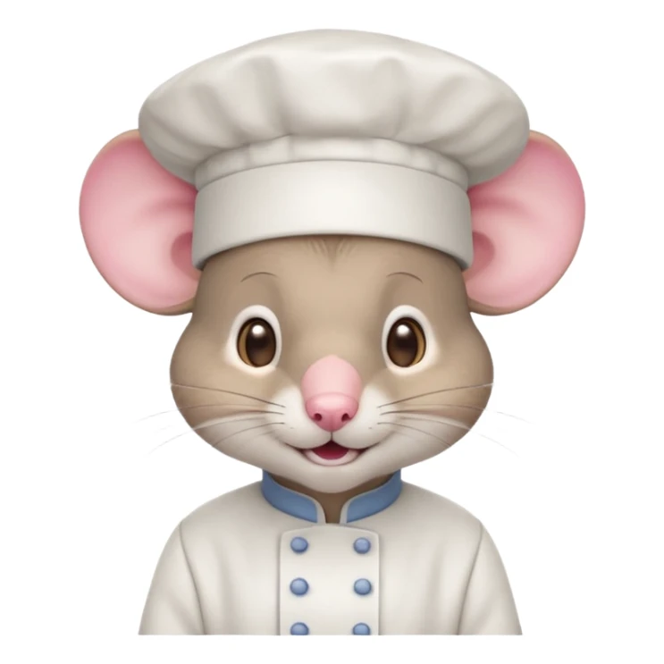 gray mouse with large round ears, brown eyes, and a small pink nose, wearing a white chef’s hat and has a friendly, slightly open-mouthed expression sticker