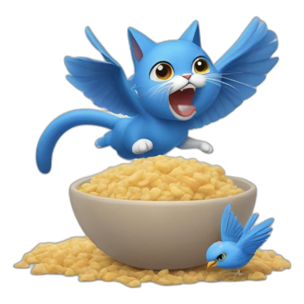 cat who is eating Tchoupi and is attacked by a blue bird sticker