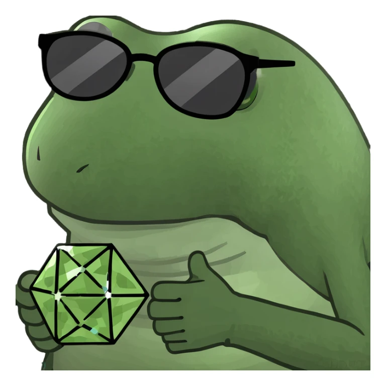 bufo with triangle shaped 8 bit sunglasses full black, confident smile, with a mini full dark powerful orb in his hand sticker
