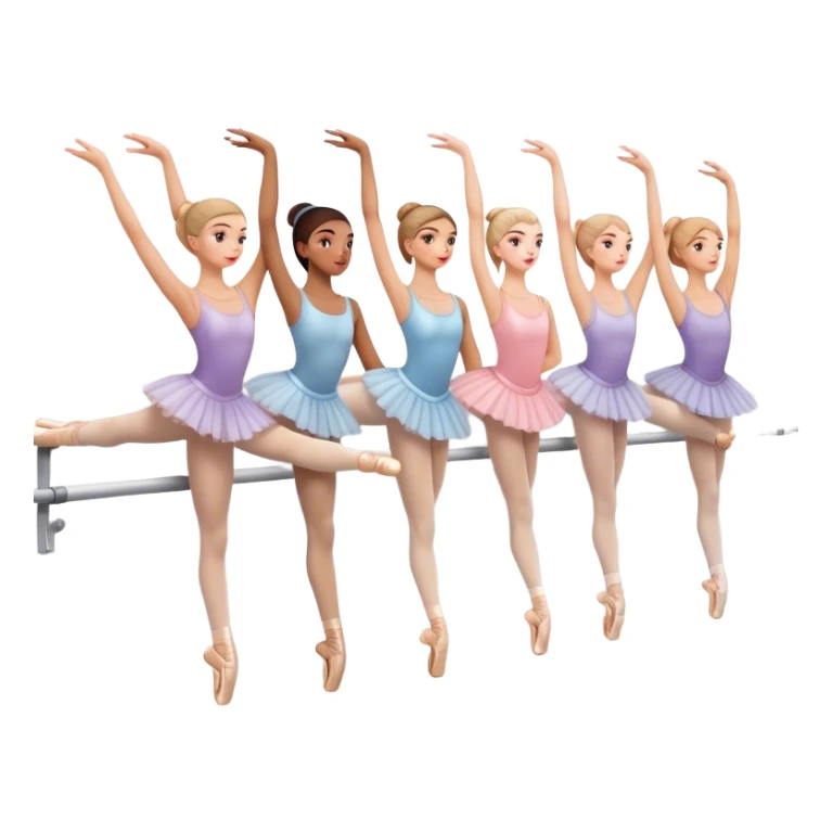 "Icon for Choreography: a group of dance students stretching, holding one hand on a long barre along the wall. The icon should capture the disciplined and graceful nature of ballet practice. Transparent background. sticker