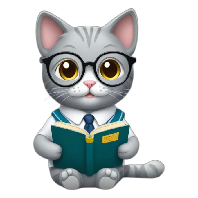 Cute grey cat in school uniform and glasses reading a book sticker