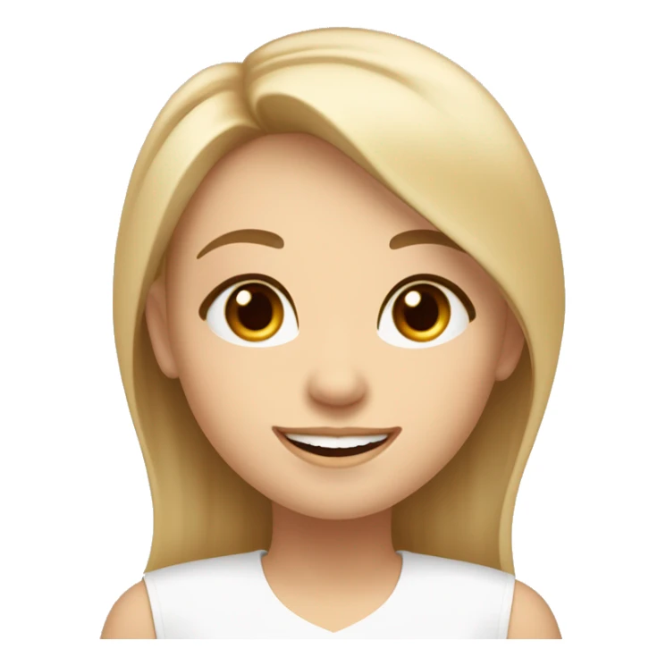 a girl, heart-shaped face with high cheekbones and a slightly pointed chin, almond-shaped brown eyes framed by long natural eyelashes. 
Arched eyebrows, medium density, long light blond hair, wide smile showing teeth, joyful and expressive face sticker