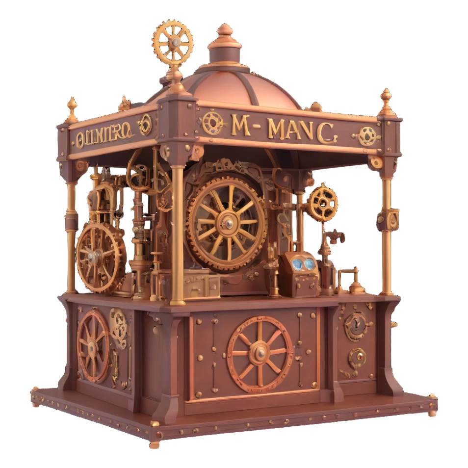 3D festival booth, steampunk theme, intricate mechanical details, brass and copper accents, Victorian-inspired design sticker