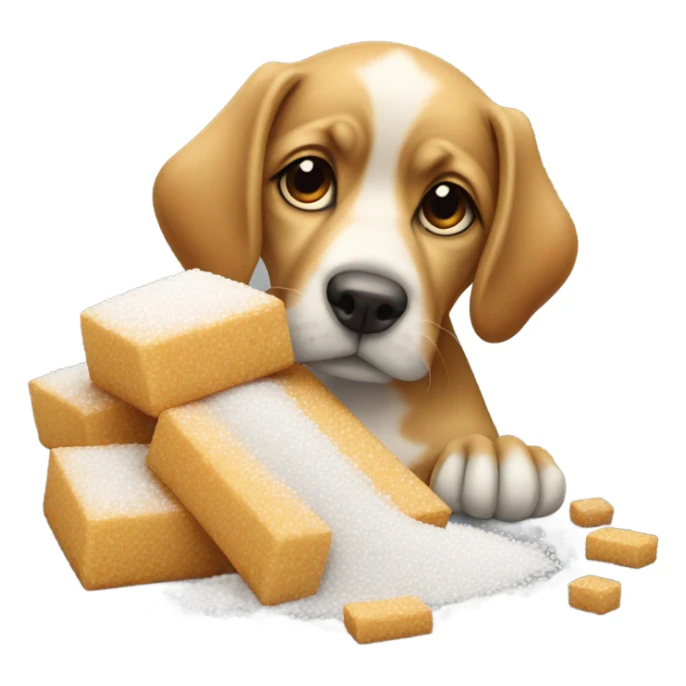 Dog smelling g pile of sugar sticker