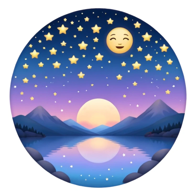 "Design a calming circle emoji for evening reflection. Soft moonlight, gentle stars, peaceful twilight sky, or spiritual symbols. No people - emphasize tranquil colors, night sky elements, and serene spiritual imagery." sticker