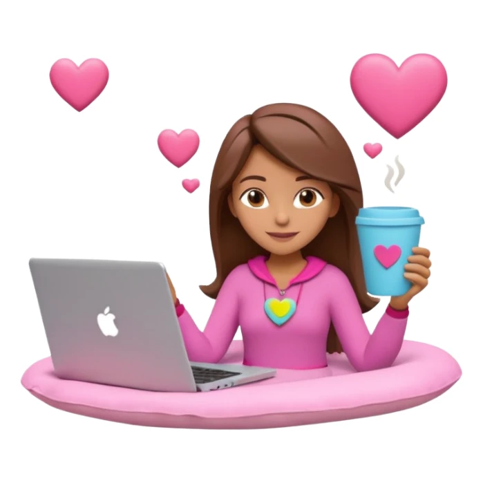 3D clay character relaxed with laptop and coffee, floating icons (envelope, heart, dollar), colofrful outfit, pink (#FF6B9D) floating icons, white laptop, Pixar style, transparent background sticker