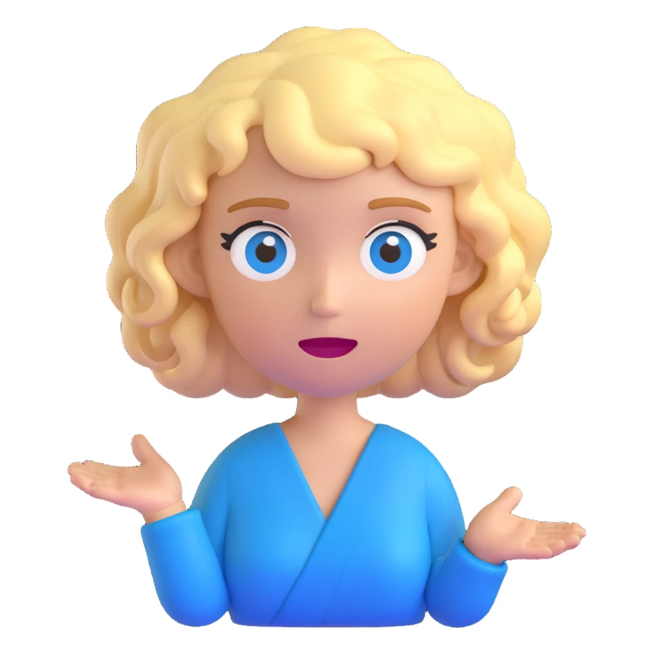 woman with short curly blonde hair and blue eyes, shrugging, 3D emoji style sticker