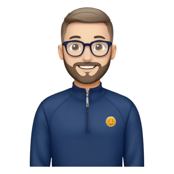 Fair-skinned man with oval face, extremely short tight haircut (very short on top, skin fade on sides), short salt and pepper beard, large black-framed glasses, smiling, wider body type, wearing navy blue long sleeve zip sweatshirt sticker