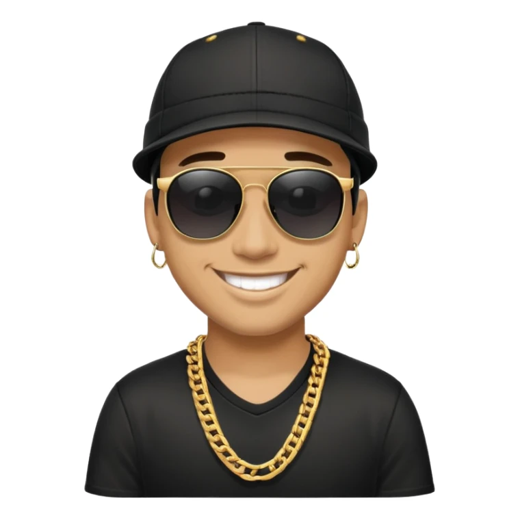 man with black sunglasses, black cap, and gold chain, smiling sticker