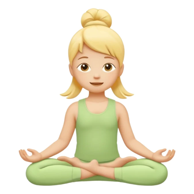 Flat illustration emoji of a small child practicing yoga, simple pose, calm and happy expression, soft pastel colors (yellow, green, soft orange), rounded shapes, minimal details, child-friendly, gentle and warm style, vector illustration, no background, cohesive style with kindergarten branding sticker