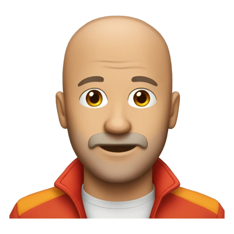 A bald man with an orange beard and a red jacket and hat sticker
