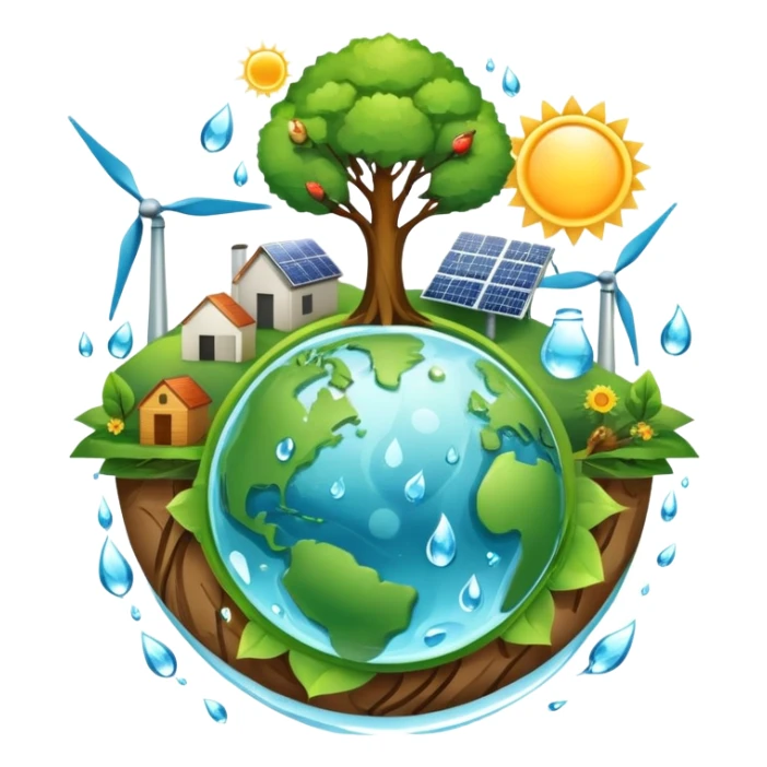 An icon featuring a green Earth, a tree, recycling symbols, and renewable energy sources like wind turbines, solar panels, and hydropower. The design includes animals, water droplets, and the sun, representing ecology, sustainable energy, and environmental protection. Transparent background. sticker