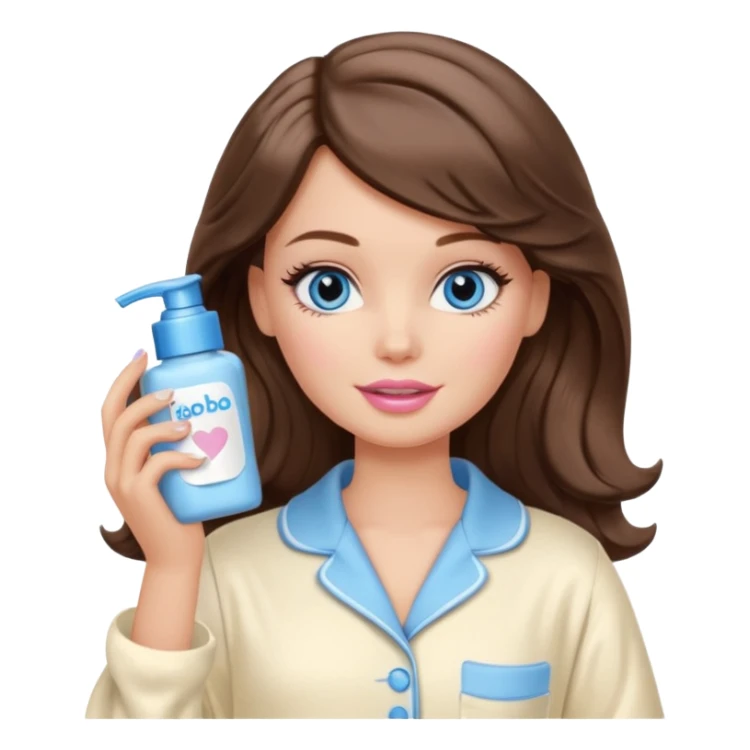 Barbie girl with makeup, blue eyes , and bob long haircut wavy, short brown hair in creamy color pajamas, face cream in hand sticker